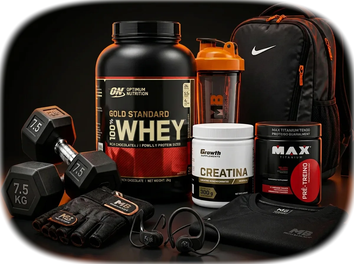 Whey protein, creatina, pré-treino, coqueteleira, halteres, luvas de academia, mochila e camiseta fitness